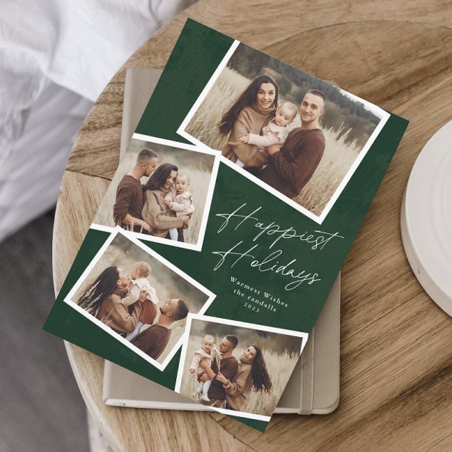 Carte de vœux Modern Script 4 Photo Collage Happie (Modern script 4 photo collage happiest holidays card in dark green.)