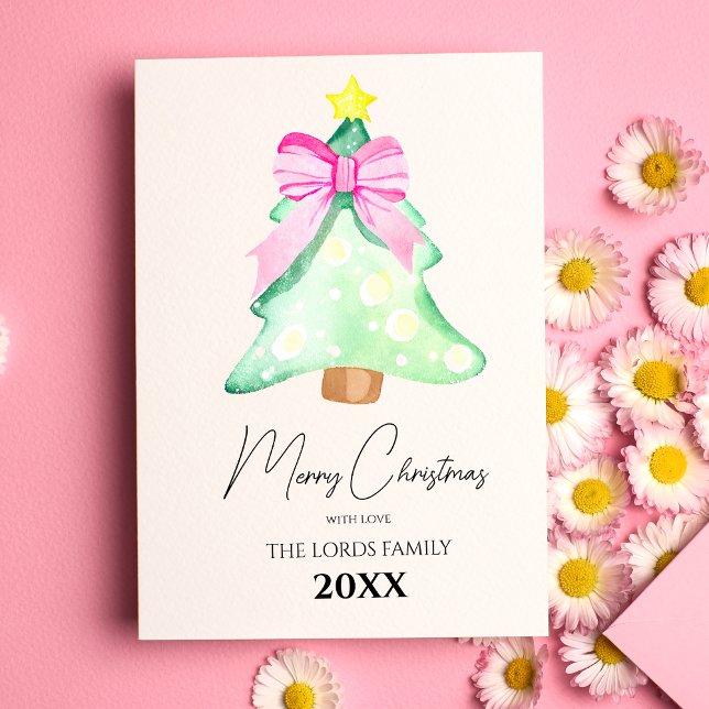 Carte de voeux Noël Arbre rose Bow (Front)