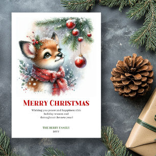 Carte de vœux Noël forêt enneigée faon hivernal se