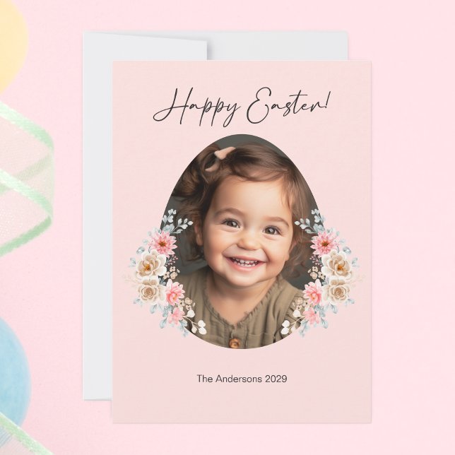 Carte de voeux Pâques avec cadre d'oeuf floral (Easter Photo Greeting Card with Floral Egg Frame)