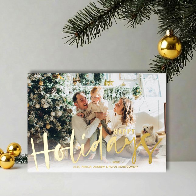 Carte de voeux photo or doré (REAL GOLD FOIL Happy Holidays script photo greeting cards)