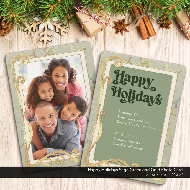 Carte de vœux photo Vert Sauge et Or pour les Fête (Happy Holidays, Sage Green and Gold Holiday Photo Greeting Card)