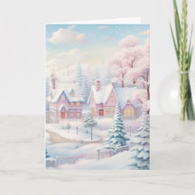 Carte de voeux Pink and Snowy Village Holiday Card