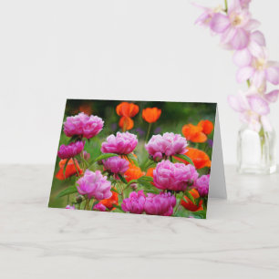 Carte de vœux - Pivoines roses & Pavot orange