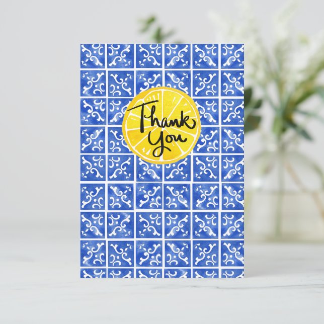 Carte de voeux plat citron & carreaux "Merci" (Debout devant)