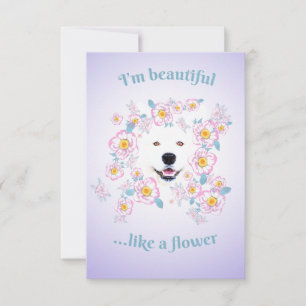 Carte de vœux plate Chien Samoyède et fleurs roses