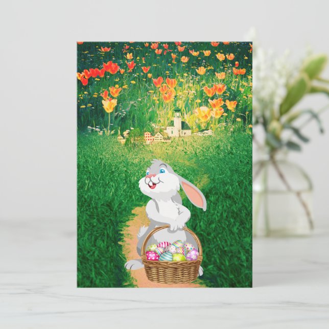 Carte de vœux plate de lapin de Pâques mignon (Debout devant)