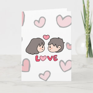 Carte de vœux pliée "AMOUR" Couple Chibi Mignon -