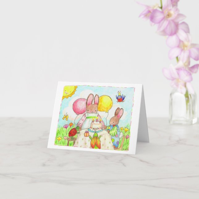 Carte de voeux pliée Bunny anniversaire (Orchidée)