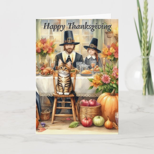 Carte de vœux pliée de chat de Thanksgiving joyeux (Devant)