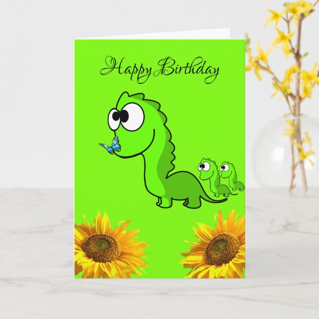 Carte de vœux pliée dinosaure tournesol floral (Fleur jaune)