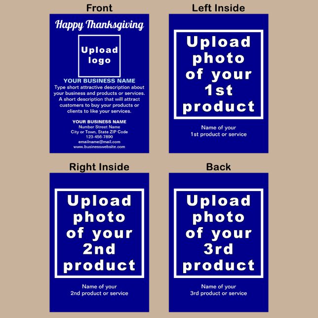 Carte de voeux pliée en bleu de Thanksgiving Busin (Blue Thanksgiving folded greeting card with your business brand and products or services.)