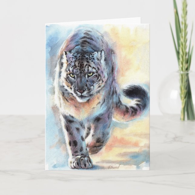 Carte de voeux pliée Léopard de neige Art sauvage (Devant)