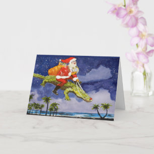 Carte de voeux pliée père Noël Riding Gator