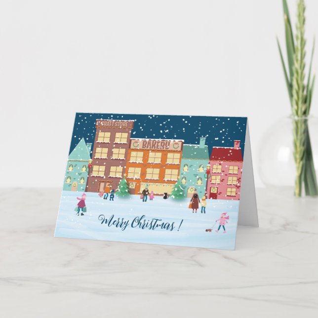 Carte de vœux pliée pour la veille de Noël en vill (Devant)