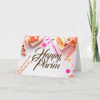 Carte de vœux pliée Purim rose pastel fête