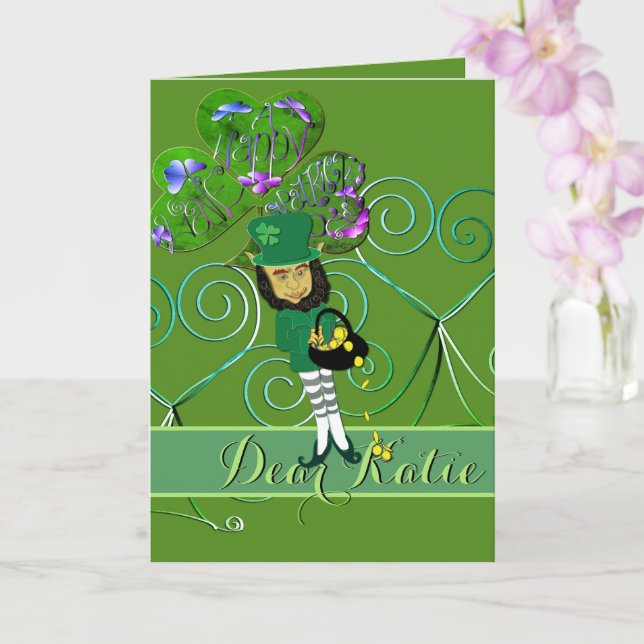 Carte de vœux pliée Saint-Patrick Leprechaun (Orchidée)