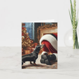 Carte de vœux pliée teckel et Père Noël
