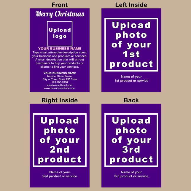 Carte de voeux pliée violet de Noël d'affaires (Purple Christmas folded greeting card with your business brand and products or services.)