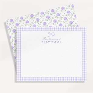 Carte de vœux pour bébé au gingham lavande et moti