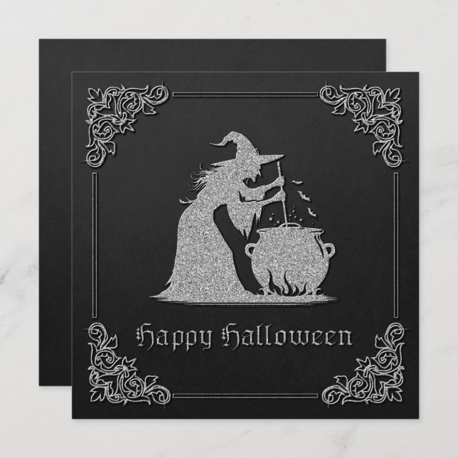Carte de voeux pour Halloween sorcière et cauldron (Devant / Derrière)