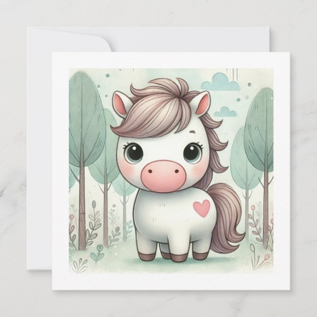 Carte de voeux pour le poney mignon en forêt lunai (Devant)
