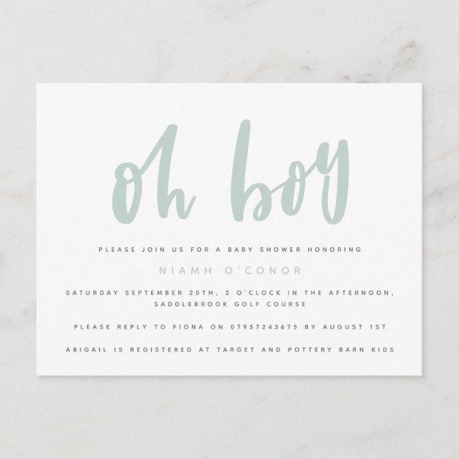 Carte de vœux pour une baby shower Oh boy. (Devant)