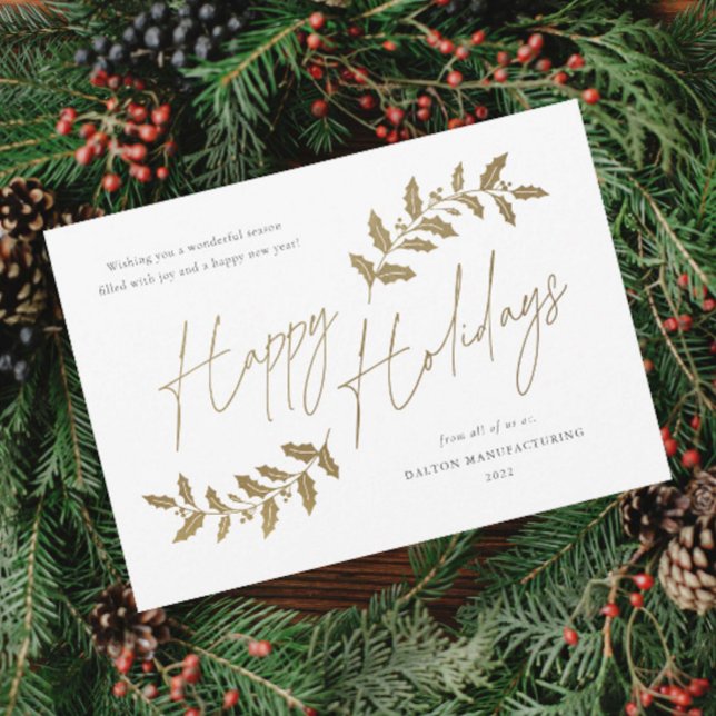Carte de vœux professionnelle pour les fêtes avec  (Elegant Script Gold Happy Holidays Greenery Leaves Business Holiday Card.)