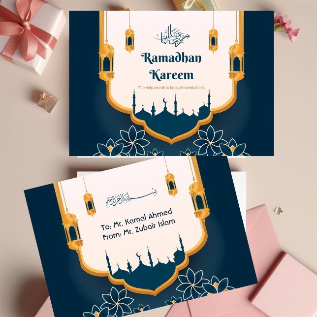 Carte de voeux Ramadhan Kareem moderne bleu et or (Créateur téléchargé)