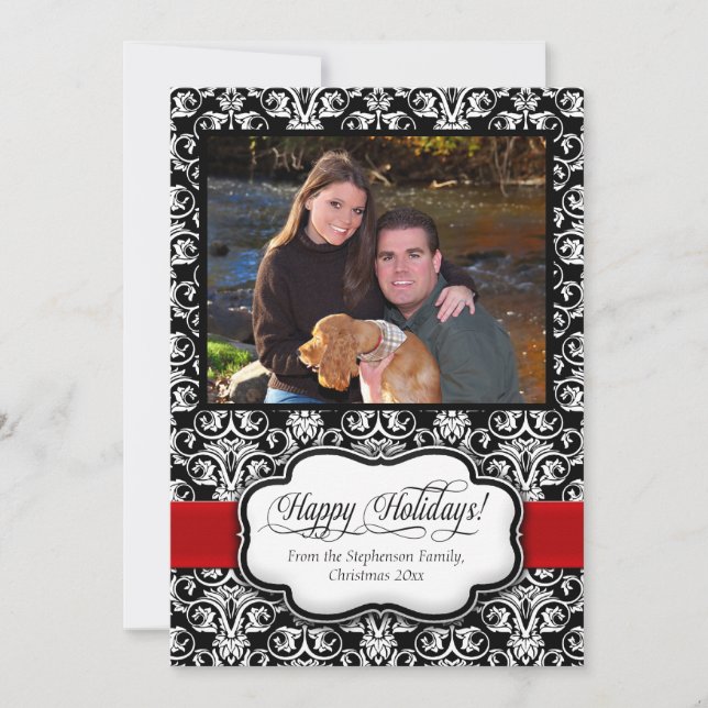 Carte de voeux Red Damask noir et blanc (Devant)