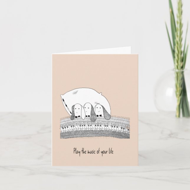 Carte de voeux rose à main lapins Jouer Piano (Devant)