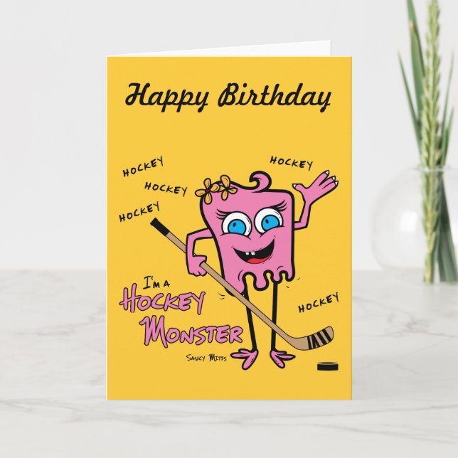 Carte de voeux rose monstre de hockey (Devant)