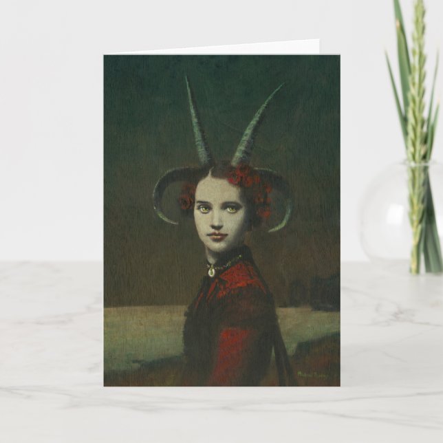 Carte de voeux rouge à la dame cornée (Devant)
