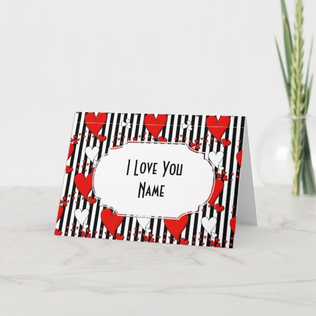 Carte de voeux Rouge Blanc Noir Valentin Coeurs (Devant)