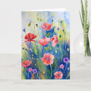 Carte de voeux rouge de pavots d'aquarelle
