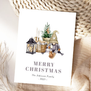 Carte de vœux rustique aquarelle Hygge Gnome Noël