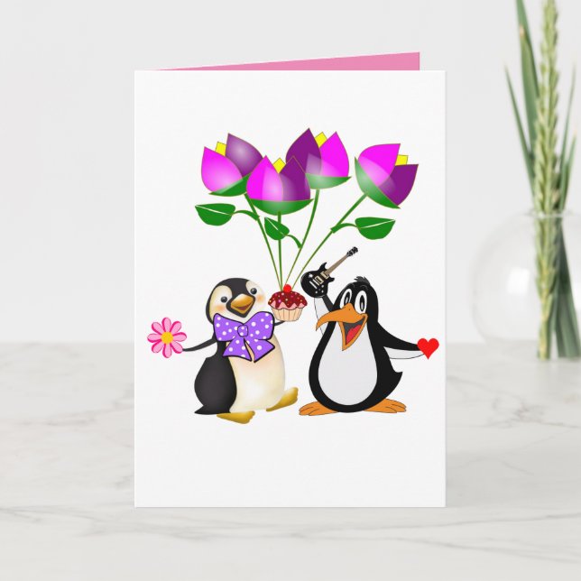Carte de voeux Saint Valentin Penguin Floral (Devant)