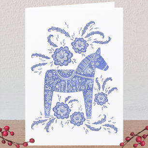 Carte de voeux suédoise Dala Horse bleu et blanc