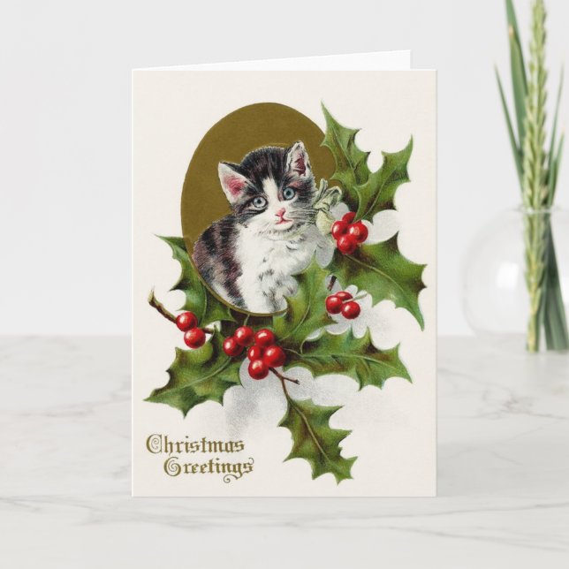 Carte de voeux victorienne de Noël de chaton et de (Devant)