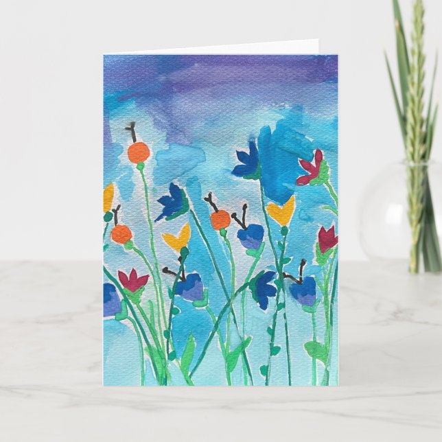Carte de vœux vierge à l'aquarelle fleurs multicol (Devant)