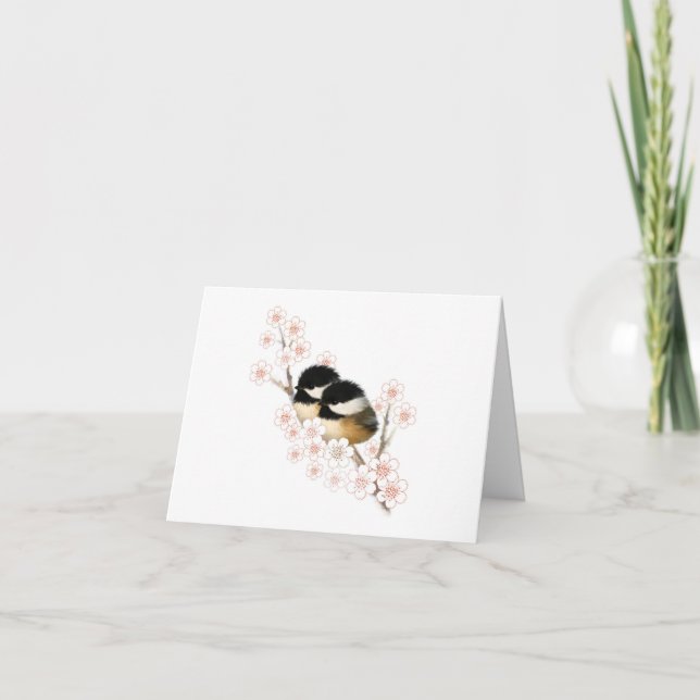 Carte de vœux vierge Fleur de cerisier Mésange (Devant)