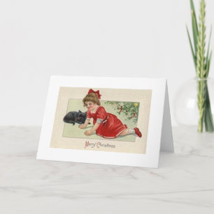 Carte de voeux Vintage Christmas Girl and Black Ca