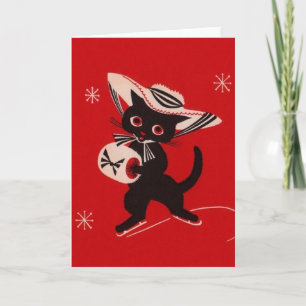 Carte de voeux vintage de Patinage en Chat Noir