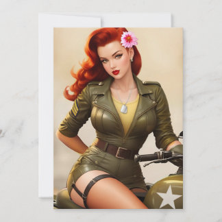 Carte de voeux vintage Pinup pour moto militaire