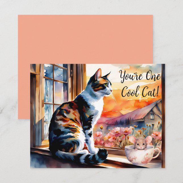 Carte de voeux Watercolor Cat and Mouse (Devant / Derrière)