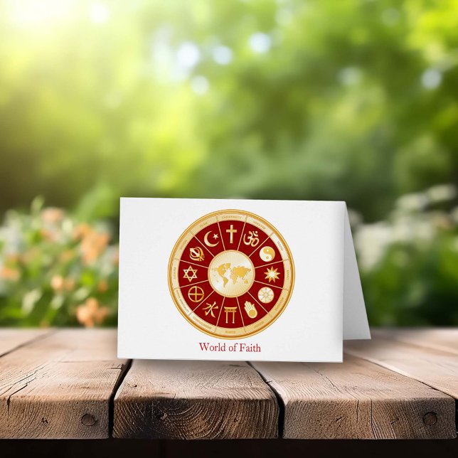Carte de voeux World of Faith (World of Faith Greeting Card.
Gold symbols of international religions surround a world map. )