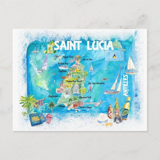 Carte de voyage des Caraïbes illustrée de Sainte-L (Devant)