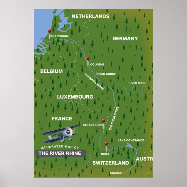 Carte de voyage du Rhin rétro. Poster (Devant)