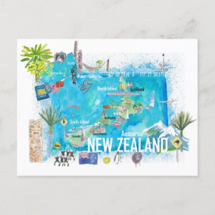 Carte de voyage illustrée de la Nouvelle-Zélande