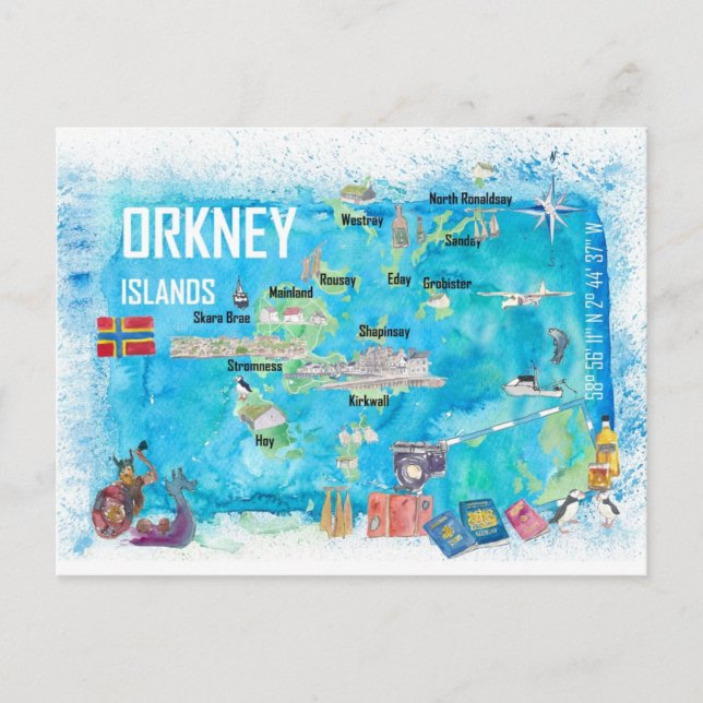 Carte de voyage illustrée des îles Orkney (Devant)